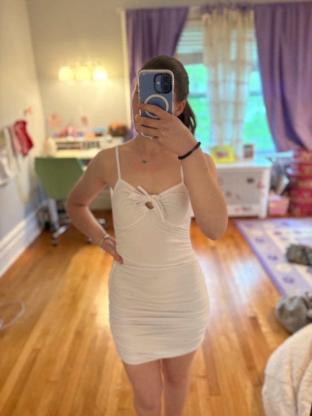 White Ruched Bodycon Mini Dress with Keyhole Front